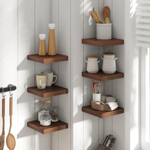 Vista 2 de Estantes flotantes cuadrados de 8 pulgadas para pared, paquete de 3, estantes de baño con veta de madera de 8"D con soportes invisibles, estantes