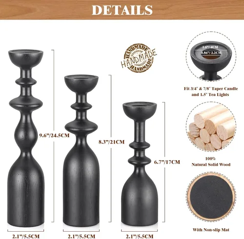 Vista 4 de HOWSILAY Portavelas de Madera para Centro de Mesa Candelabros Negros - Portavelas Rústicos que se Ajustan a Velas Cónicas de 3/4" o 7/8" y Velas