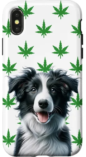 Vista 4 de iPhone 15 Black Border Collie Hemp Leaf Green & White Pattern Case