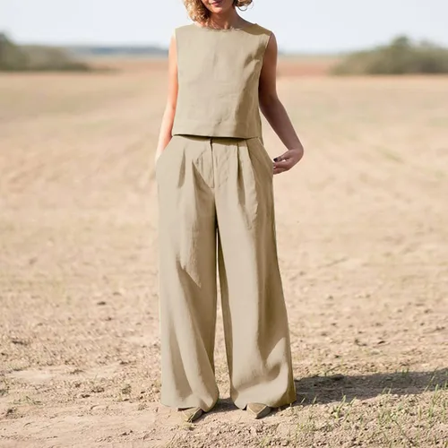Vista 6 de DUOWEI Overol de pantalón para mujer, para boda, grande, liso, sin mangas, pantalones de algodón y lino, trajes casuales para mujer