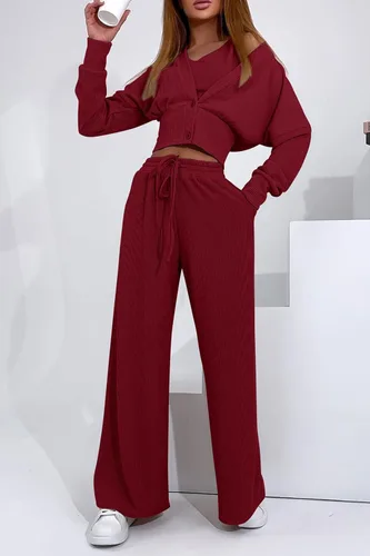 Vista 3 de PRETTYGARDEN Trajes de 3 piezas para mujer, conjuntos a juego, cárdigan de punto acanalado, camisetas sin mangas, pantalones de pierna ancha