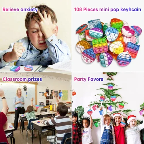 Vista 4 de 108 piezas de mini llavero de juguete para la ansiedad, 3 formas Pop Fidgets Pop Fidgets regalos de fiesta paquetes de juguetes sensoriales