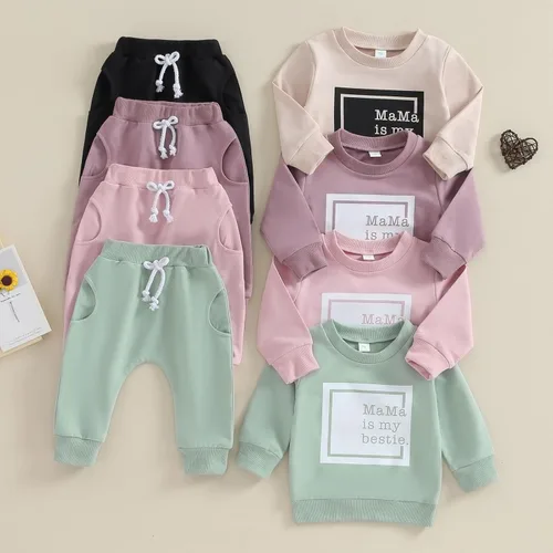 Vista 7 de Conjunto de ropa de 2 piezas de sudadera de manga larga para bebé niña pequeña para otoño e invierno, C-caqui-3 & mamas Bestie