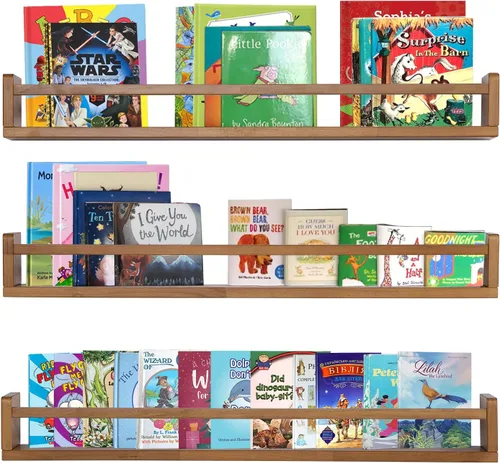 Vista 19 de AZSKY Estantes clásicos para libros de guardería, estantes flotantes de madera negra, estantería de pared para decoración de baño, cocina, especias