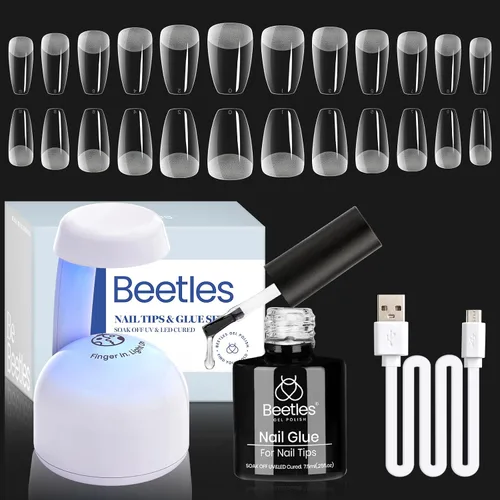 Vista 9 de Kit de Uñas de Gel Beetles 600Pcs Puntas de Uñas de Ataúd Largo con Esmalte de Gel Rosa, Capa Superior, 15 Tamaños de Uñas Autoadhesivas