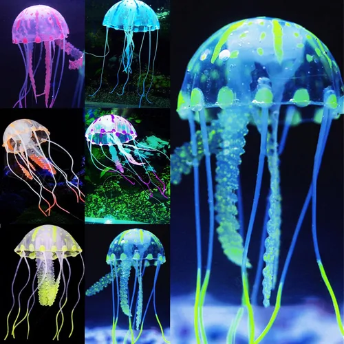Vista 8 de Uniclife Paquete de 4 decoraciones para pecera, efecto brillante, decoración de acuario, pequeña medusa artificial de silicona, adorno de planta