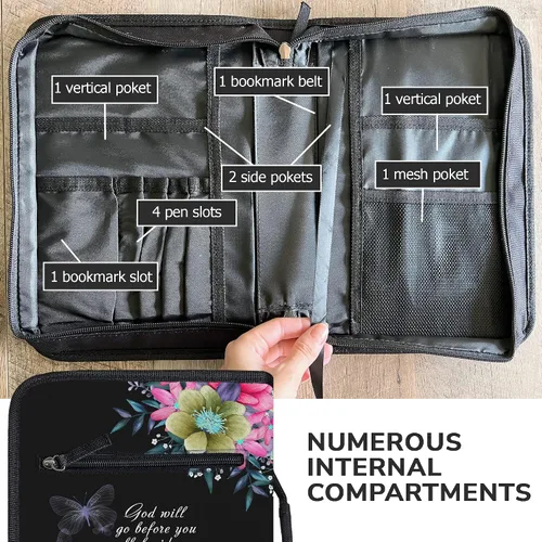 Vista 14 de DEHITE Funda para la Biblia para mujer, fundas de tela prémium para la Biblia para niñas, bolsa de transporte para mujer, ranuras para bolígrafos
