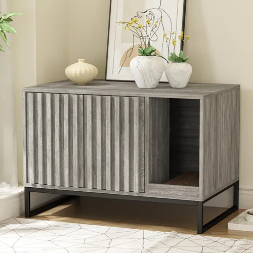 Vista 11 de Halitaa Caja de Arena para Gatos, Mueble Moderno de Caja de Arena para Gatos Caja de Arena Oculta con Almohadilla para Rascar, Mesa Auxiliar Casa