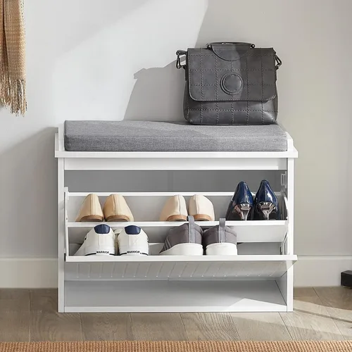 Vista 5 de Haotian Banco de zapatos pequeño, banco de almacenamiento con cojín de asiento extraíble, otomana para entrada y dormitorio, 2 cajones abatibles