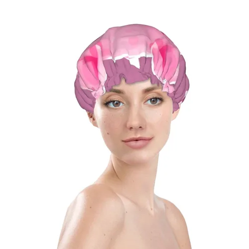 Vista 3 de Gorro de ducha reutilizable con estampado de cerdo rosa para mujer, doble capa impermeable, gorro de baño de secado rápido