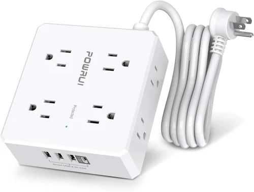 Vista 9 de Regleta protectora de sobretensiones – Cable de extensión de enchufe plano de 6 pies con 8 tomas amplias y 4 puertos USB (1 USB C), extensor de Negro