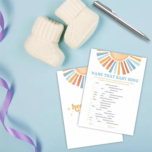 Vista 3 de Name That Baby Song Baby Shower Juego Kit – Acuarela Retro Sun – 30 tarjetas de juego de relleno de doble cara para baby shower, revelación