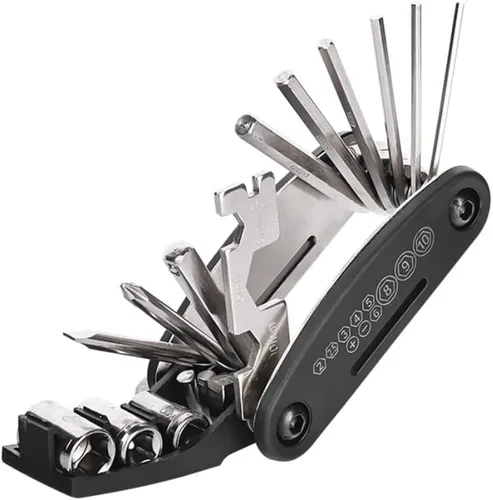 Vista 3 de Kit de herramientas de reparación de bicicletas, multiherramienta 16 en 1 con palancas de neumáticos, interruptor de cadena, llave de radios, juego