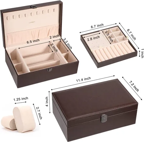Vista 6 de LANDICI Joyero organizador para mujeres y niñas estuche grande de 2 capas para hombres con bandeja extraíble soporte de almacenamiento de joyas