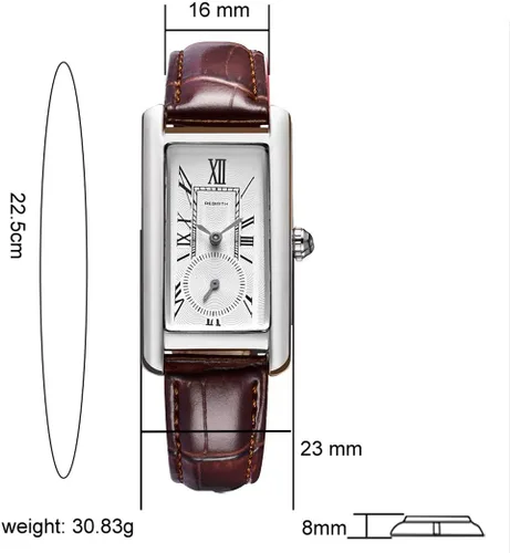 Vista 4 de Reloj de cuarzo para mujer, elegante, rectangular, con correa de cuero y corona de zafiro