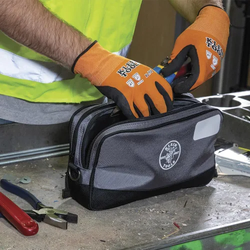 Vista 7 de Klein Tools Bolsa de herramientas, compartimentos dobles, organizador de bolsas de herramientas de alta resistencia, bolsa multiusos Gris