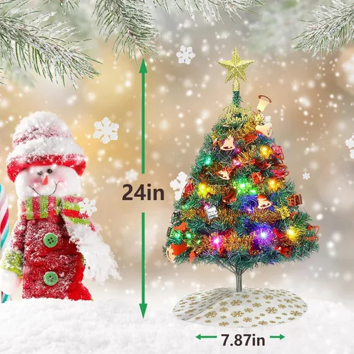 Vista 6 de Mini Christmas Tree, 24"/60cm Tabletop Artificial Christmas Tree with Ornaments & LED String Lights, Small Desktop Xmas Tree with Tree Skirt for