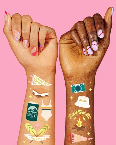 Vista 3 de xo, Fetti Tatuajes temporales de despedida de soltera – 42 estilos de lámina dorada Decoración de despedida de soltera glamping, accesorio
