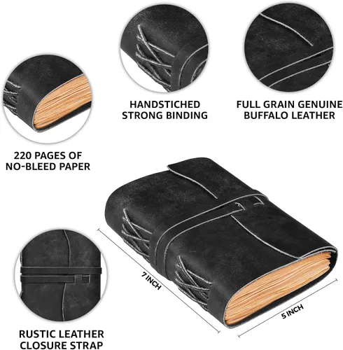 Vista 4 de LEATHER VILLAGE Diario encuadernado en cuero, negro, 7 x 5 pulgadas, 220 páginas, diario vintage de papel en blanco para escribir, dibujar, cuaderno