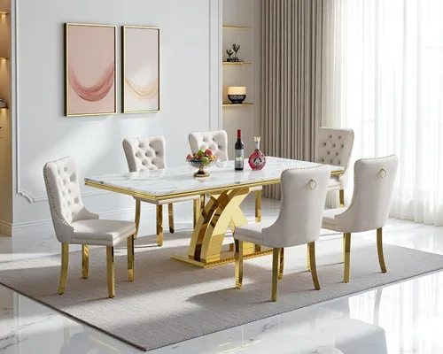 Vista 92 de Juego de 4 mesas de comedor blancas y doradas, mesa de cocina rectangular de 68 pulgadas con parte superior de mármol sintético blanco, mesa de Mesa