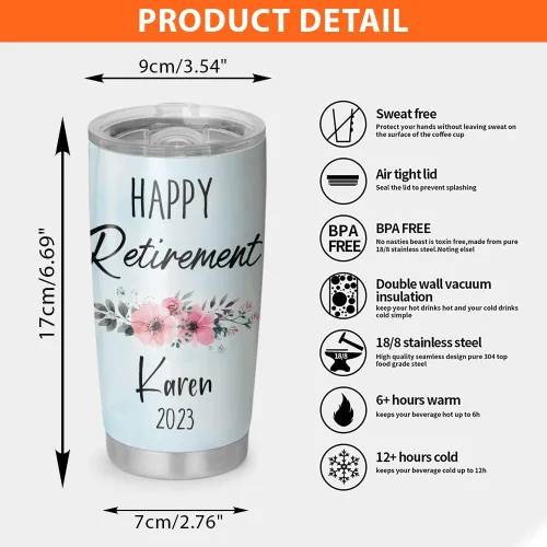 Vista 6 de Vaso aislado de acero inoxidable personalizado para jubilación, regalo de jubilación para mujeres, compañero de trabajo jubilado, dama, jefe, vaso