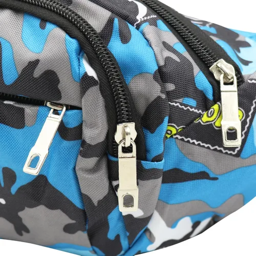 Vista 6 de AIBEARTY Riñonera para niños, pequeña, de camuflaje, con correa ajustable, para correr, acampar, viajes, B Azul