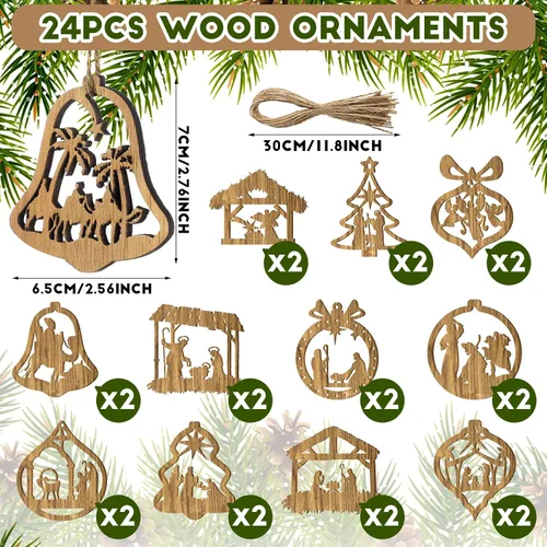 Vista 2 de Juego de 24 adornos de madera para árbol de Navidad, decoración religiosa del nacimiento de Jesús, decoración colgante para familia cristiana (forma)