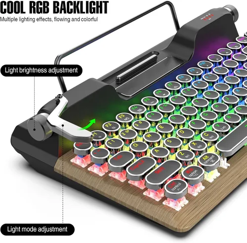 Vista 6 de Yoidesu Mechanical Keyboard, Bluetooth 5.0 Computer Keyboards with 84 Key Blue Switches, Punk Round Keycap, RGB Backlight, Retro Typewriter