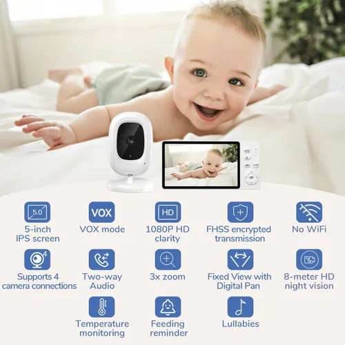 Vista 2 de Monitor de bebé sin video WiFi, pantalla IPS 1080P de 5 pulgadas 2-Blanco