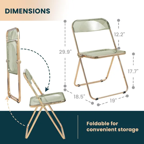 Vista 3 de LeisureMod Juego de 2 sillas plegables modernas de acrílico transparente Silla de escritorio con marco de metal dorado Cómoda silla decorativa