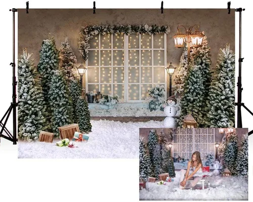 Vista 8 de MEHOFOND Fondo de fotografía de Feliz Navidad de 7 x 5 pies, lámpara de árbol de Navidad, ventana, telón de fondo de nieve, invierno, Navidad