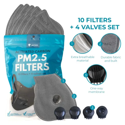 Vista 3 de 10 filtros de máscara PM2.5 de carbón activado y 4 válvulas de escape, filtros de máscara facial no tejidos de contaminación del aire, filtro