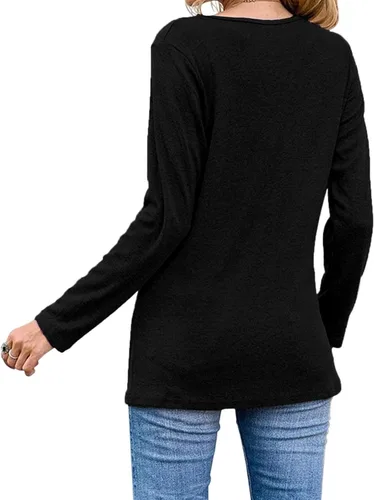 Vista 2 de Blusas casuales de manga larga para mujer, con cuello redondo, botones laterales, blusas.