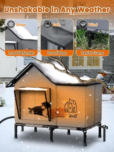 Vista 4 de Rywell - Casa para gatos con calefacción para exterior, súper aislada y resistente a la intemperie, refugio elevado para gatos al aire libre