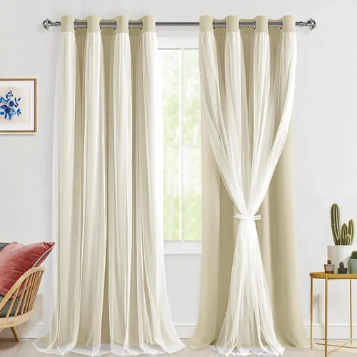 Vista 33 de Hiasan Cortinas opacas con superposición transparente, aislamiento térmico para mezclar y combinar de doble capa, cortinas de oscurecimiento de Beige