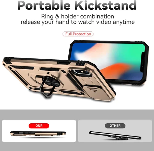 Vista 8 de Funda para iPhone X/XS con protección de lente, funda para iPhone X/XS con funda para cámara y soporte, grado militar, a prueba de golpes Oro