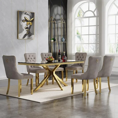 Vista 26 de HomVent - Juego de mesa de comedor de mármol sintético de 68 pulgadas con 4 sillas de terciopelo para cocina Modern Rectangular Faux Marble