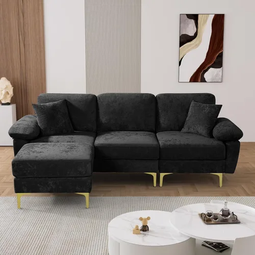 Vista 11 de OUYESSIR Sofá modular en forma de L, sofá de terciopelo de 3 plazas con otomana y almohadas, cómodo sofá cama tapizado para sala de estar, Verde