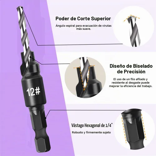 Vista 4 de Juego de brocas avellanadas, juego de 5 piezas biseladas para carpintería con vástago hexagonal de 1/4 pulgadas compatible con herramienta giratoria