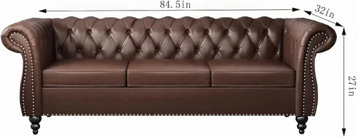 Vista 2 de ONCIN Chesterfield - Sofá de cuero para sala de estar, sofá de 3 plazas, sofá copetudo, piel sintética con brazos enrollados y cabeza de clavo
