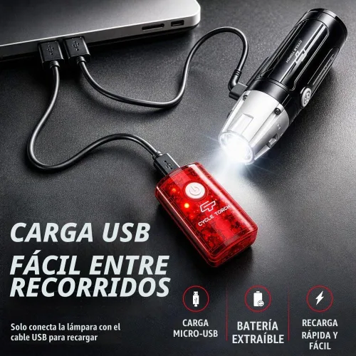 Vista 7 de Luces de bicicleta para montar por la noche, USB recargable Shark 550 Ultra Bright LED Luces de bicicleta delantera y trasera luz trasera