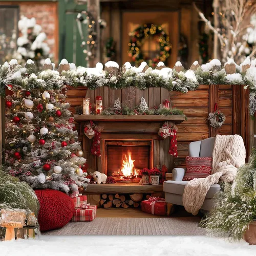 Vista 6 de HOMETITUTE Cartel navideño para chimenea de 71 x 43 pulgadas, acogedor telón de fondo navideño con adornos para árbol de Navidad, fondo cálido fuego