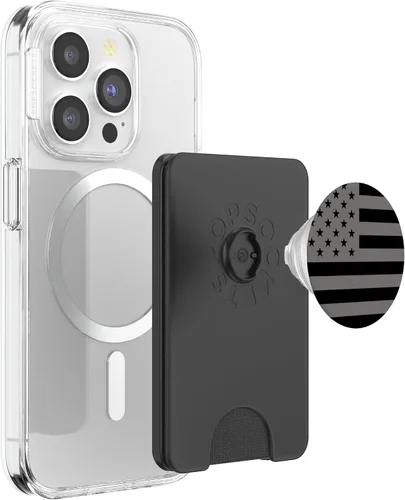 Vista 3 de PopSockets PopWallet de bandera estadounidense negra para MagSafe