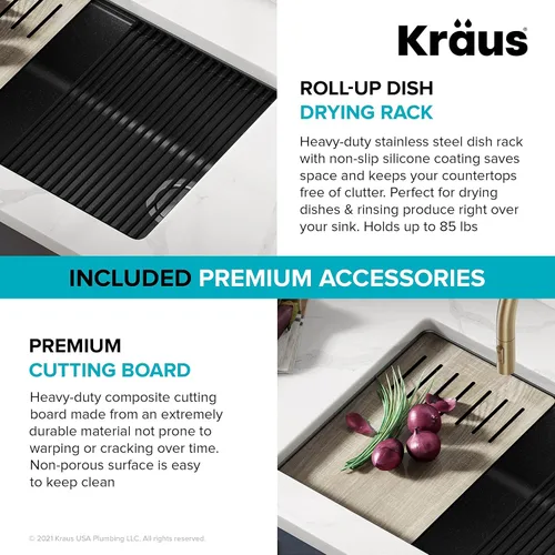 Vista 10 de KRAUS Bellucci Fregadero de cocina de granito con estación de trabajo empotrado de 30 pulgadas en negro metálico con accesorios, KGUW2-30MBL