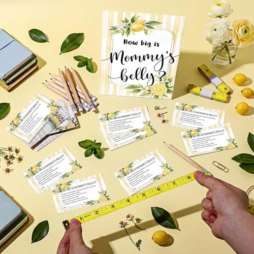 Vista 36 de Sabary 64 Piezas Juegos de Baby Shower Incluyen Letrero How Big is Mommy's Belly Sign Measure Bump Game 50 Tarjetas 10 Lápices 3 Cintas Métricas