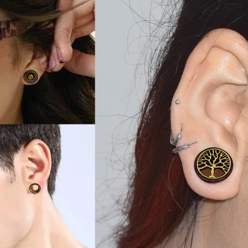 Vista 2 de JOYTOYOU 3 pares de tapones de madera natural para túneles de oído huecos, doble acampanado, dilatadores de oído, para mujeres y hombres, calibre