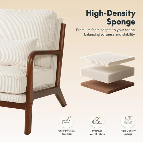 Vista 3 de FLEXISPOT AC1 - Silla decorativa, sillón moderno de mediados de siglo con marco de madera, cómoda silla de lectura tapizada de pana con almohada