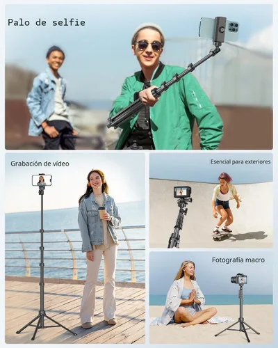 Vista 4 de SENSYNE Trípode de teléfono de 62 pulgadas y palo para selfie, soporte extensible para teléfono celular con control remoto inalámbrico y soporte