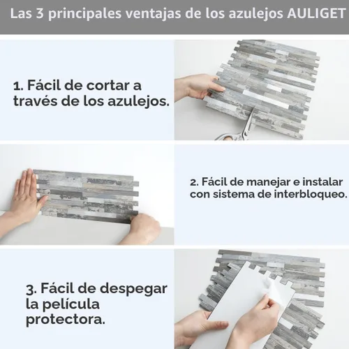 Vista 7 de AULIGET - 20 láminas de azulejos de pared de PVC autoadhesivos con aspecto de madera desgastada, para salpicadero de cocina Madera vintage + metal