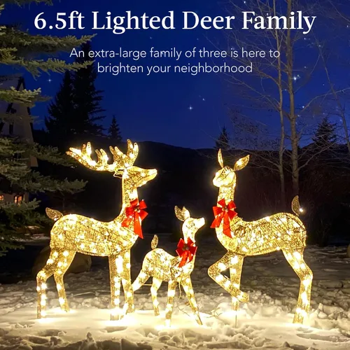 Vista 2 de Best Choice Products Juego familiar de ciervos de Navidad grandes iluminados de 6.5 pies, 3 piezas, decoración de patio al aire libre con 385 luces